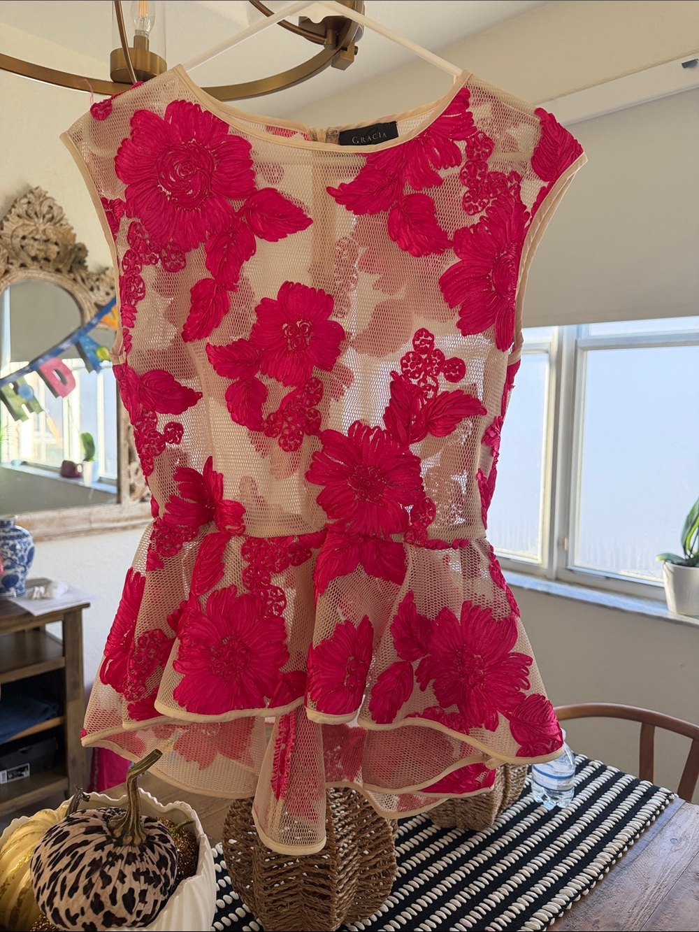 NWOT Gracia Hot Pink Floral Mesh Peplum Top